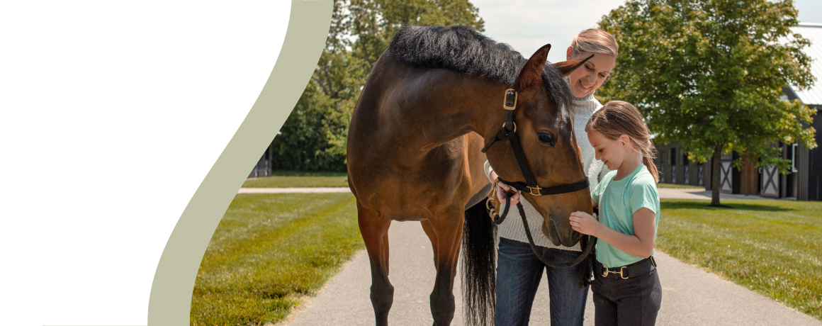 Woman and girl petting a horse on a sunny day near stables.